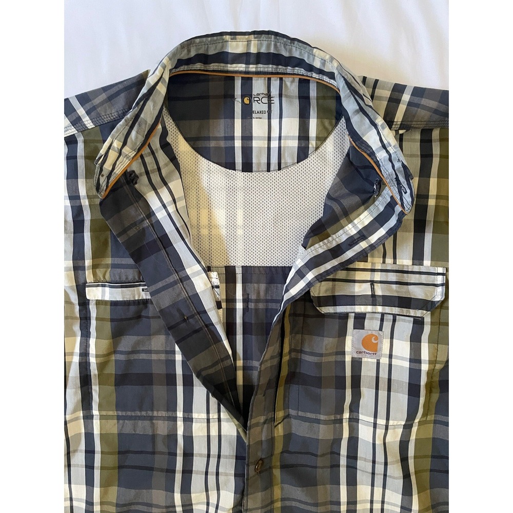 Carhartt RCE Men's Short Sleeve Sz L Button Blue Plaid Relax Fit Side Zip Pocket - Picture 4 of 8